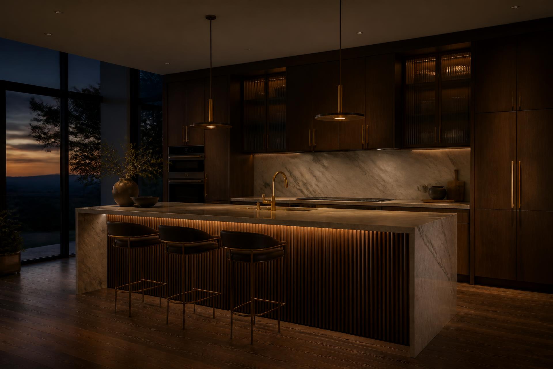 Custom dark walnut kitchen with brass hardware built by Rao